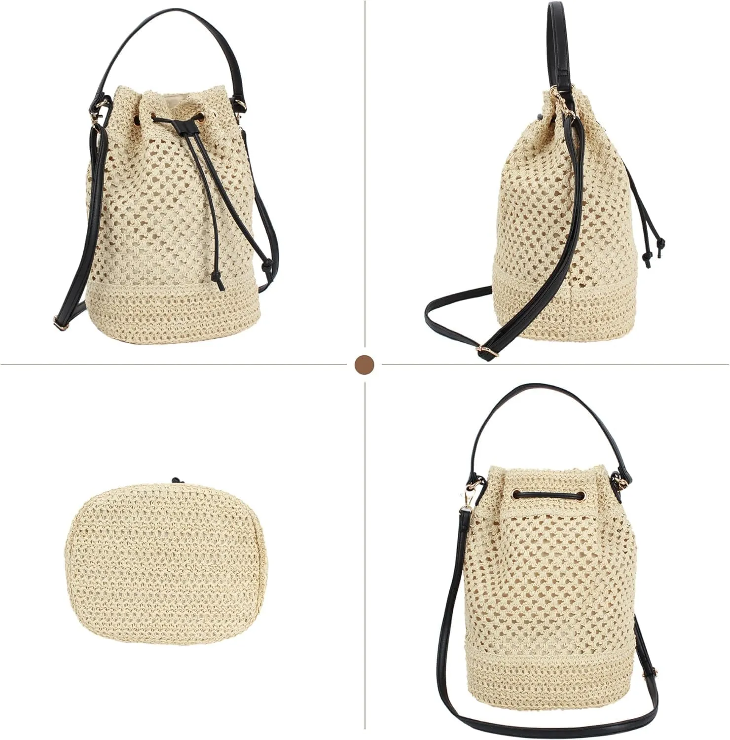Lightweight Straw Crochet Drawstring Bucket Bag Beach Bag Hollow Out Shoulders Bag for Women One Size