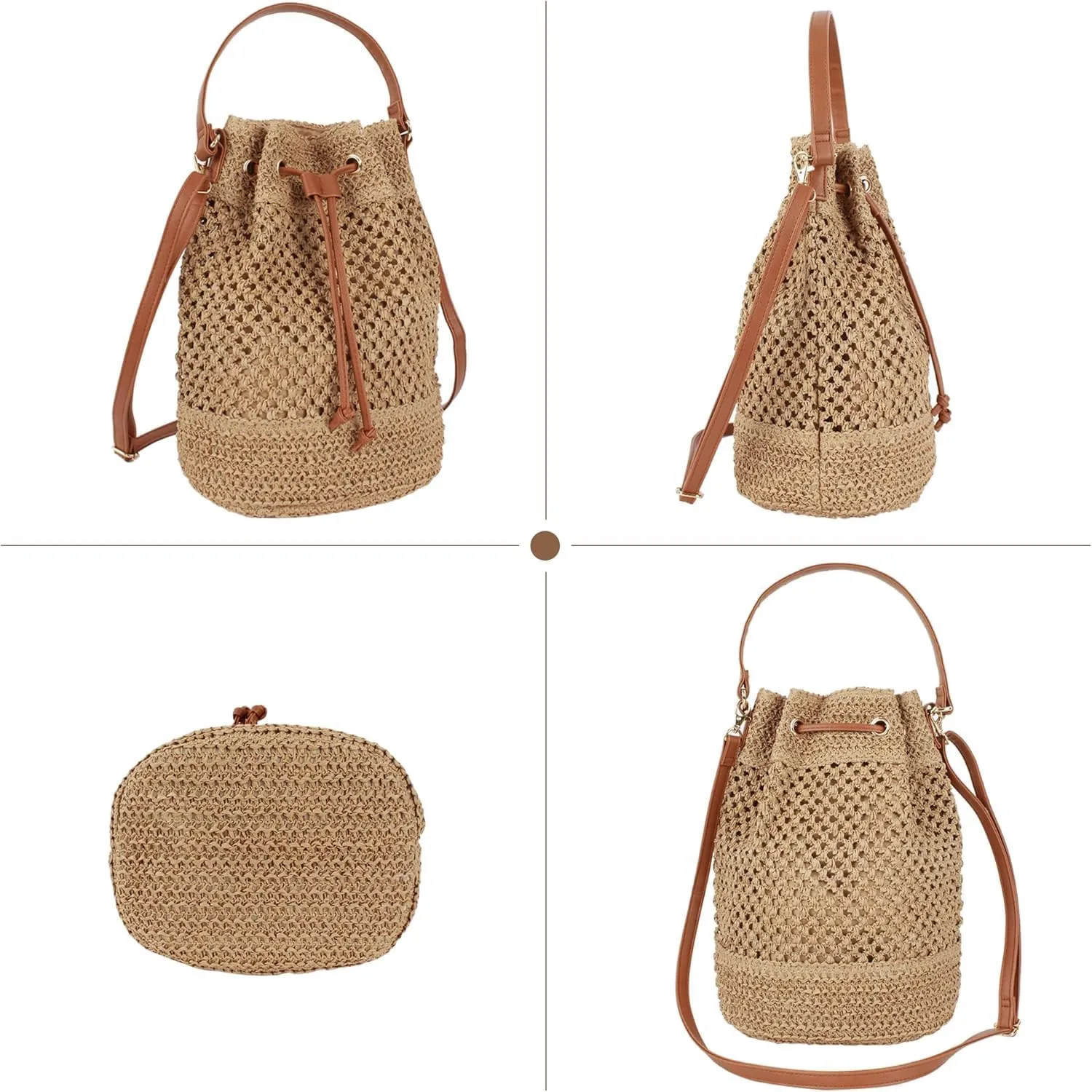 Lightweight Straw Crochet Drawstring Bucket Bag Beach Bag Hollow Out Shoulders Bag for Women One Size