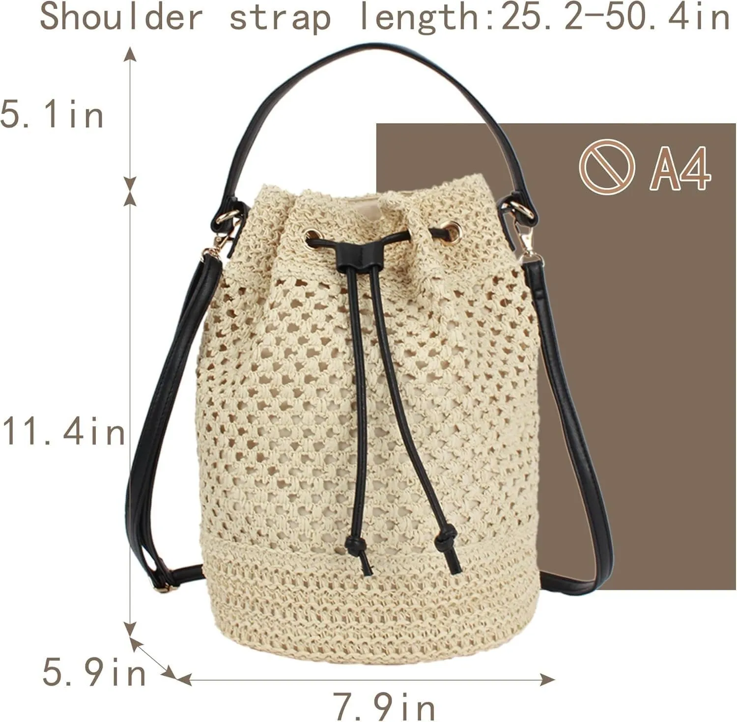 Lightweight Straw Crochet Drawstring Bucket Bag Beach Bag Hollow Out Shoulders Bag for Women One Size