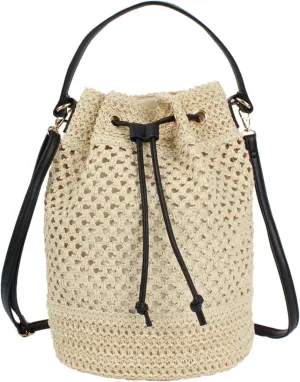 Lightweight Straw Crochet Drawstring Bucket Bag Beach Bag Hollow Out Shoulders Bag for Women One Size