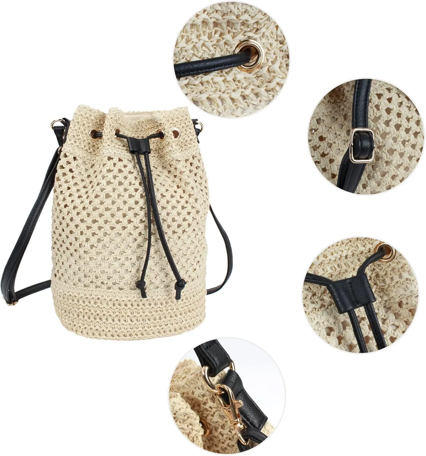 Lightweight Straw Crochet Drawstring Bucket Bag Beach Bag Hollow Out Shoulders Bag for Women One Size