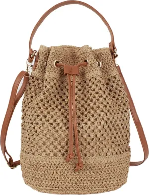 Lightweight Straw Crochet Drawstring Bucket Bag Beach Bag Hollow Out Shoulders Bag for Women One Size