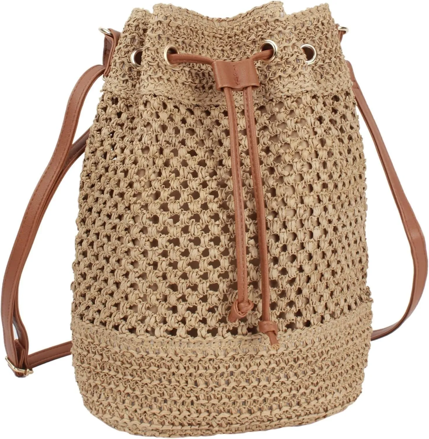 Lightweight Straw Crochet Drawstring Bucket Bag Beach Bag Hollow Out Shoulders Bag for Women One Size