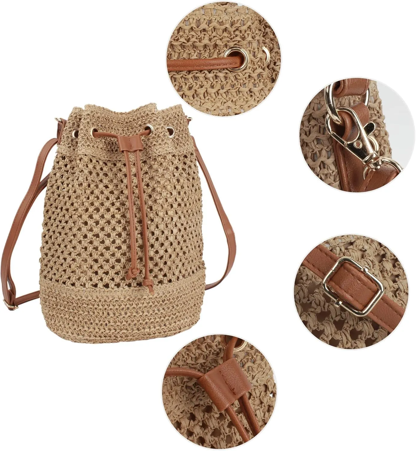Lightweight Straw Crochet Drawstring Bucket Bag Beach Bag Hollow Out Shoulders Bag for Women One Size