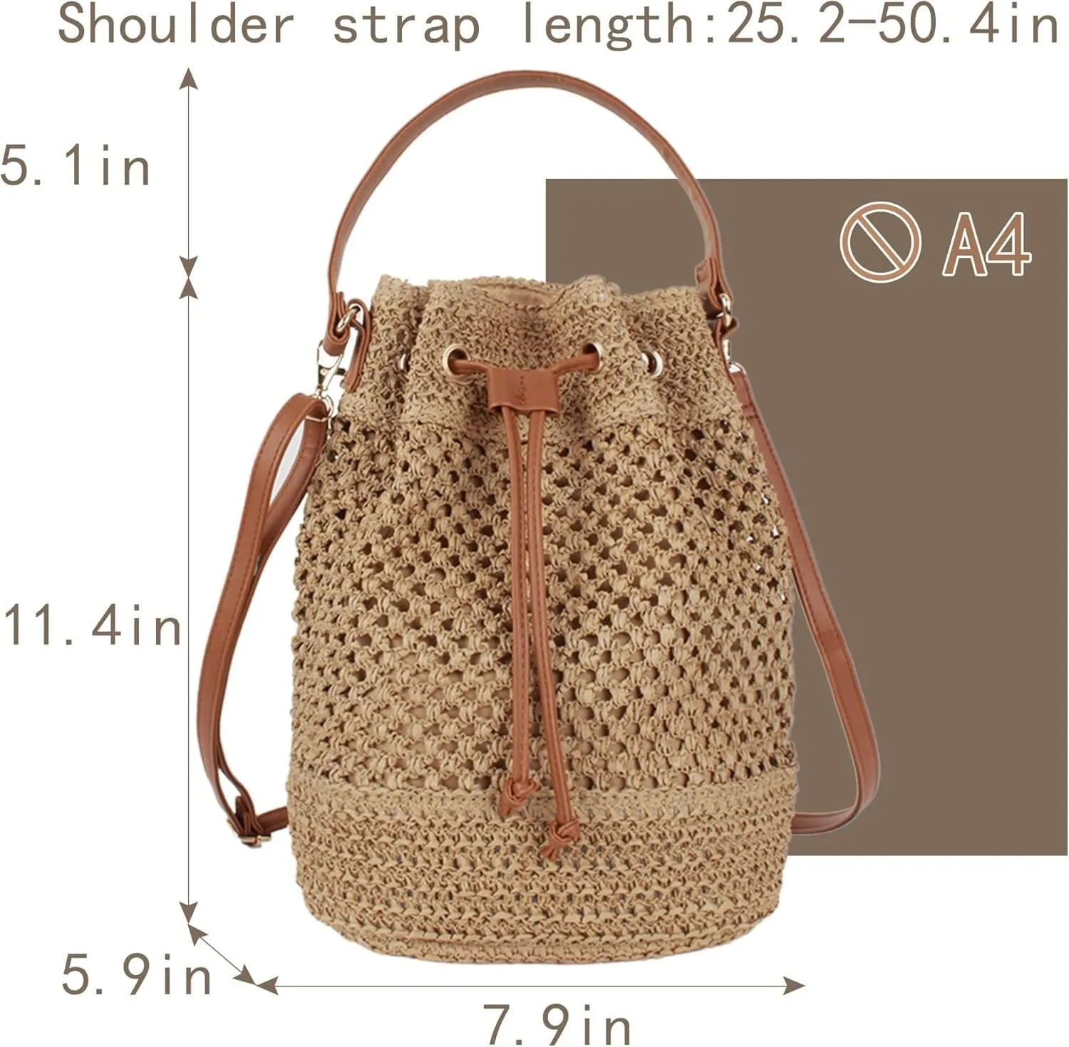 Lightweight Straw Crochet Drawstring Bucket Bag Beach Bag Hollow Out Shoulders Bag for Women One Size