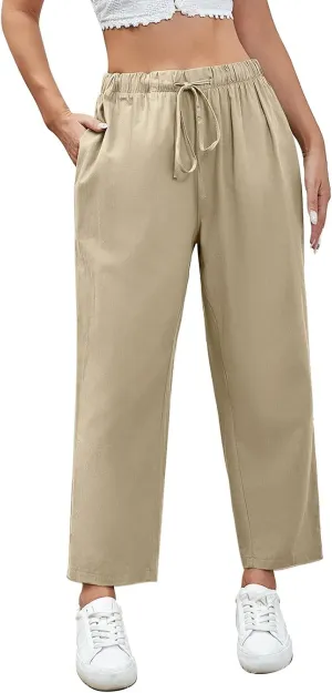 Linen Capri Pants for Women Casual High Waisted Drawstring Wide Leg Capris Summer Baggy Lounge Trousers with Pockets
