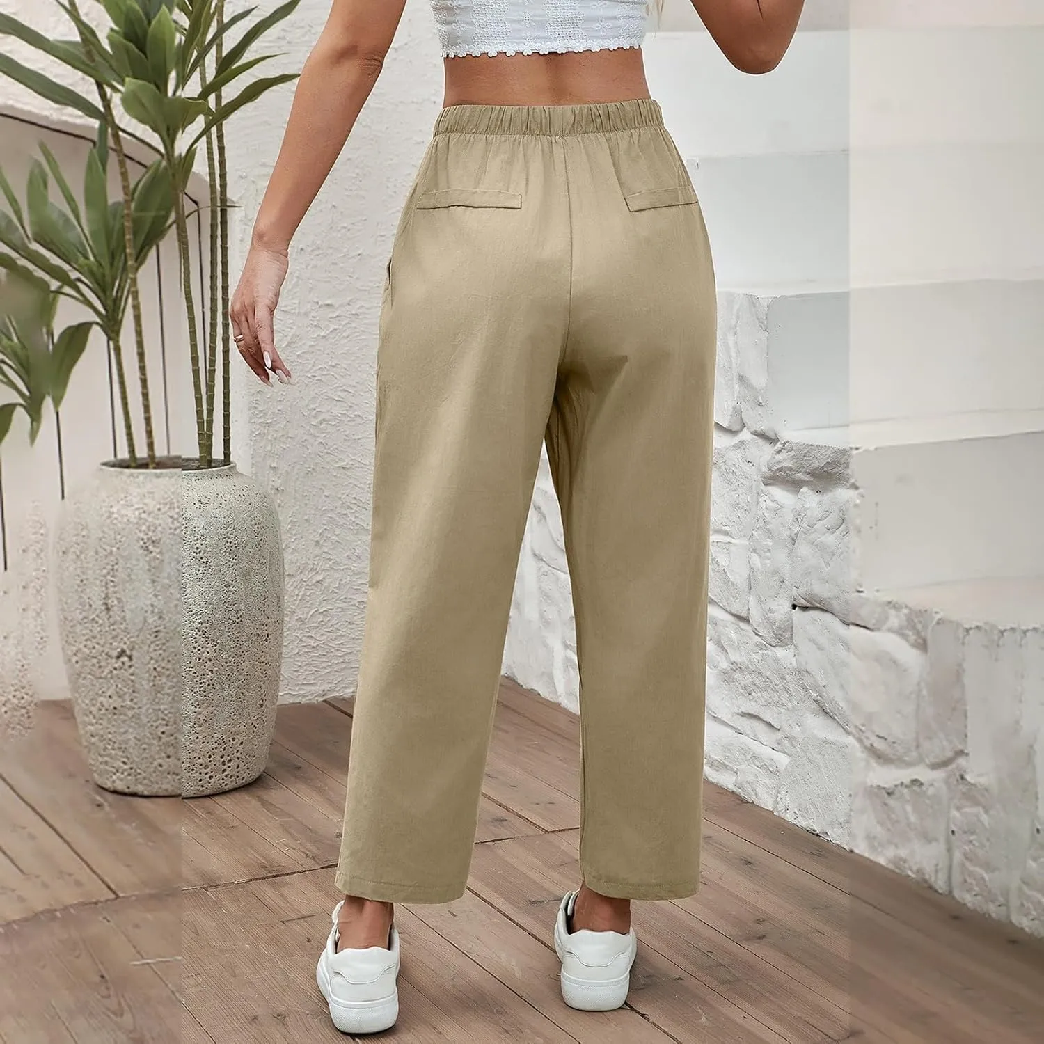 Linen Capri Pants for Women Casual High Waisted Drawstring Wide Leg Capris Summer Baggy Lounge Trousers with Pockets