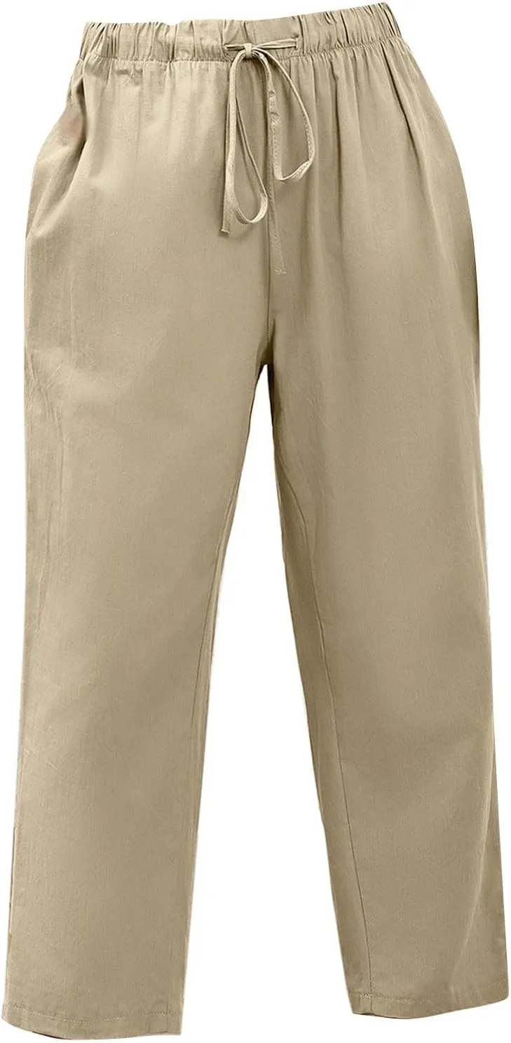 Linen Capri Pants for Women Casual High Waisted Drawstring Wide Leg Capris Summer Baggy Lounge Trousers with Pockets
