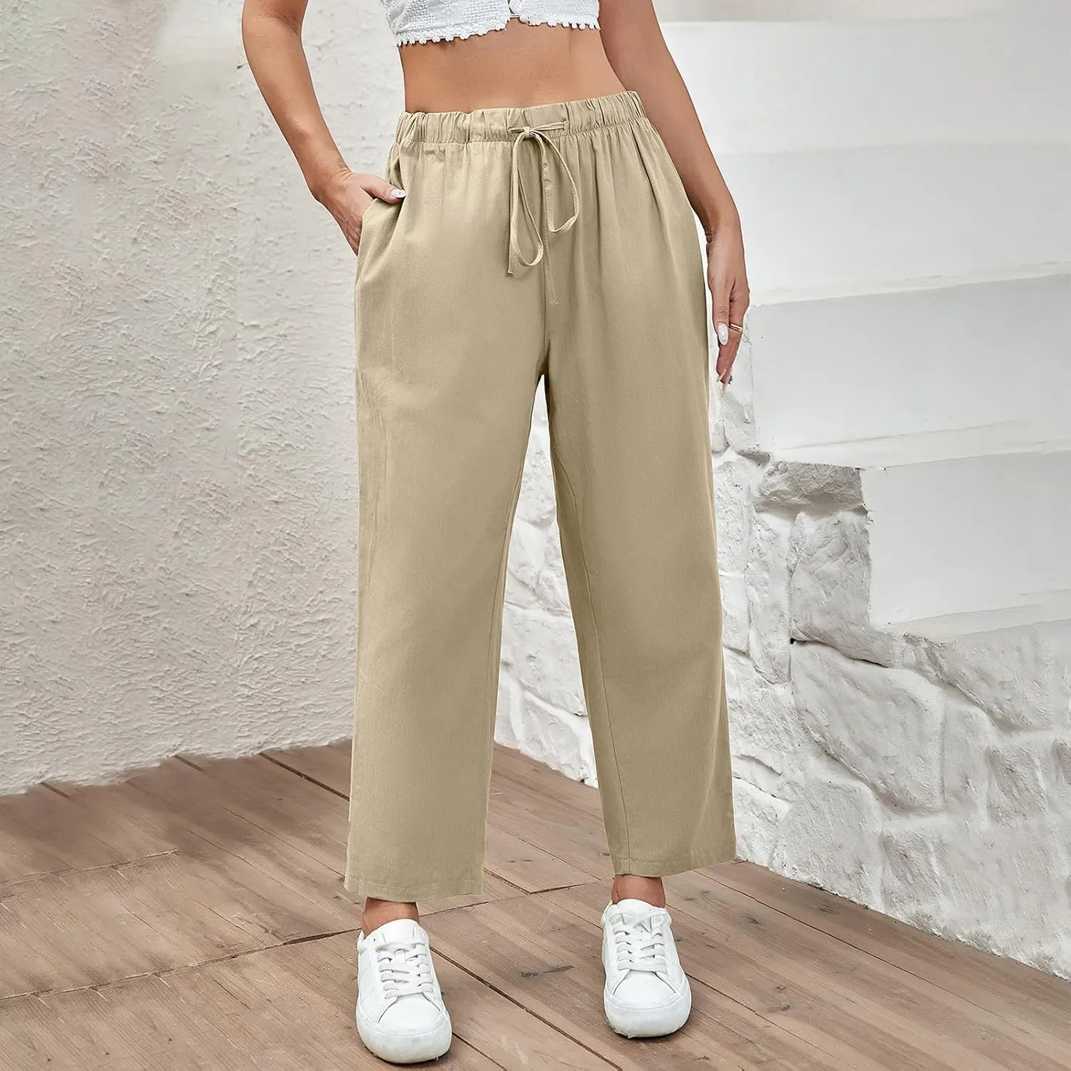 Linen Capri Pants for Women Casual High Waisted Drawstring Wide Leg Capris Summer Baggy Lounge Trousers with Pockets