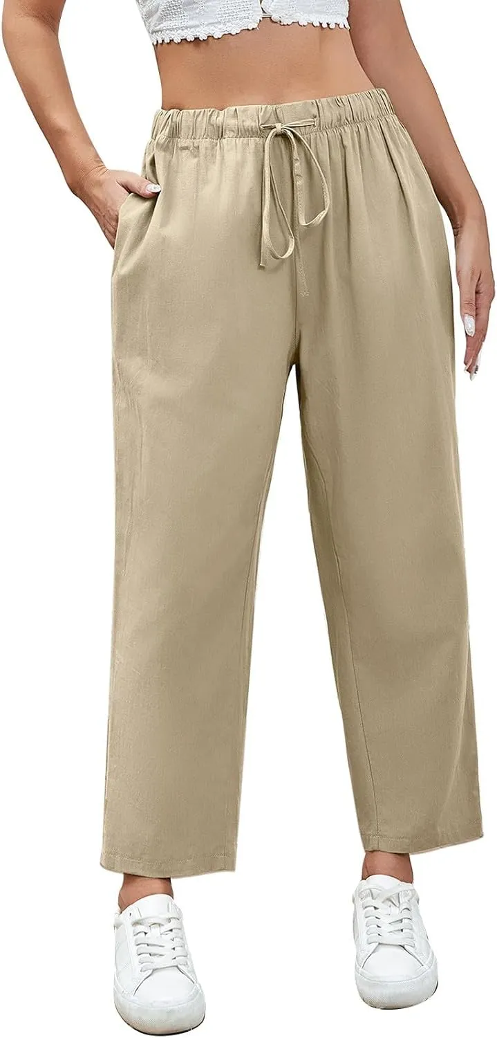 Linen Capri Pants for Women Casual High Waisted Drawstring Wide Leg Capris Summer Baggy Lounge Trousers with Pockets