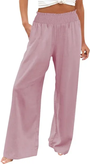 Linen Palazzo Pants for Women Wide Leg Elastic High Waist Printed Pants Flowy Drawstring Smocked Lounge Trousers