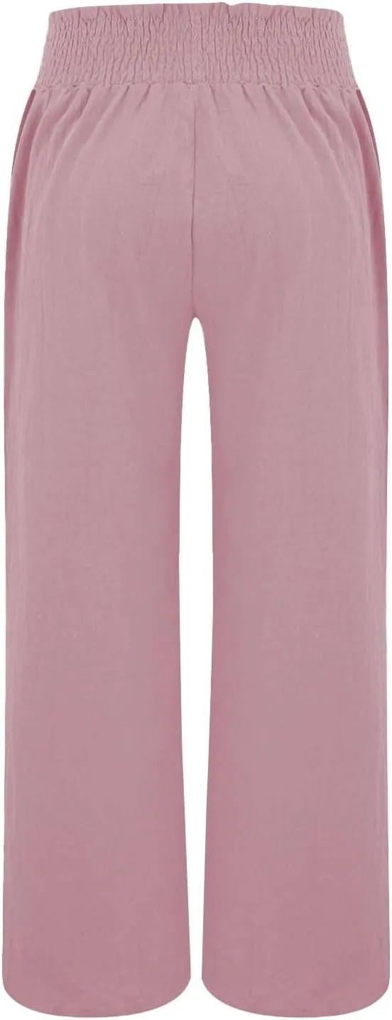 Linen Palazzo Pants for Women Wide Leg Elastic High Waist Printed Pants Flowy Drawstring Smocked Lounge Trousers