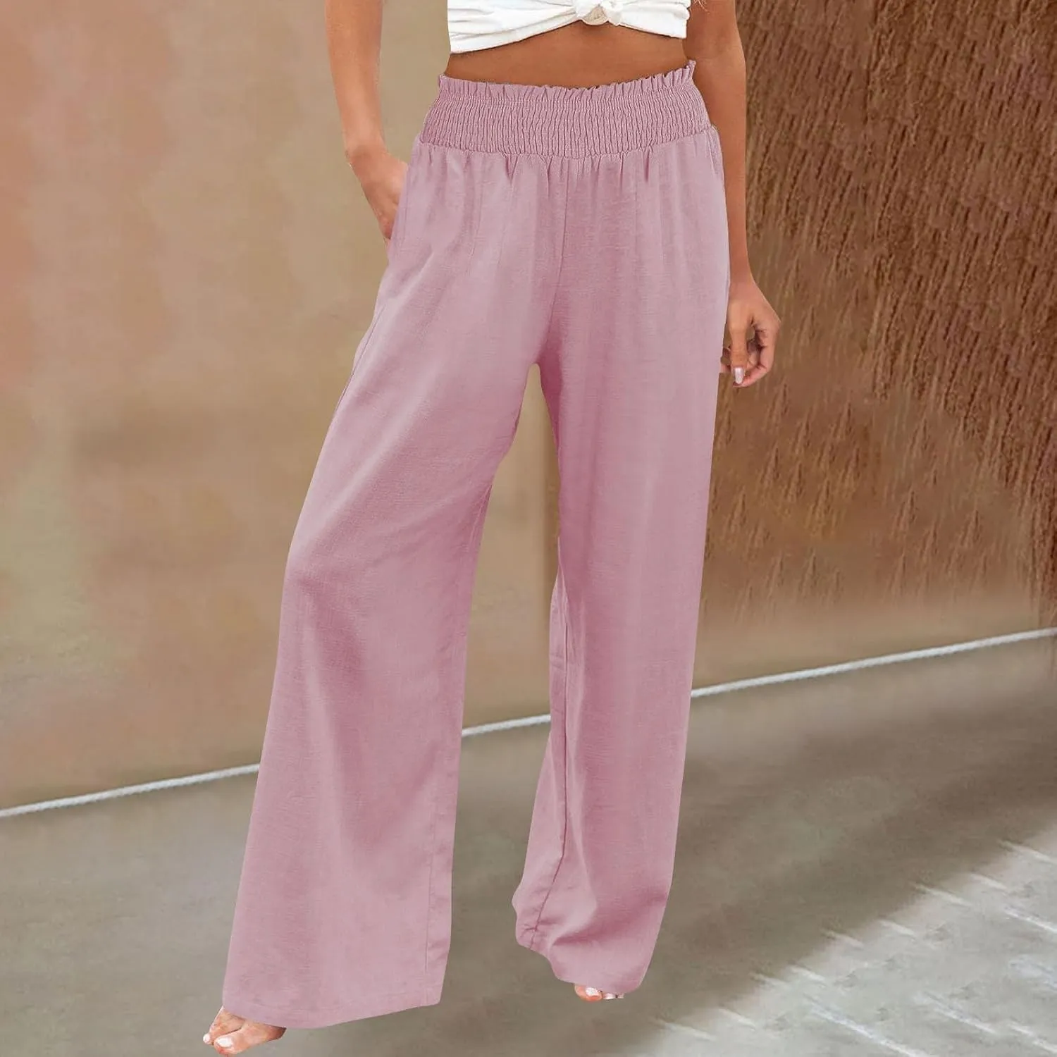 Linen Palazzo Pants for Women Wide Leg Elastic High Waist Printed Pants Flowy Drawstring Smocked Lounge Trousers