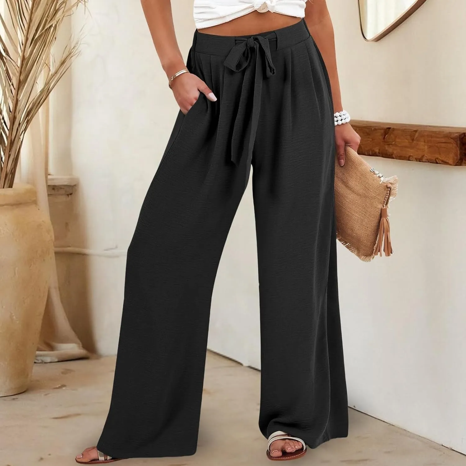 Linen Pants for Women 2025 Summer High Waisted Wide Leg Palazzo Pants Casual Loose Flowy Beach Trousers with Pockets