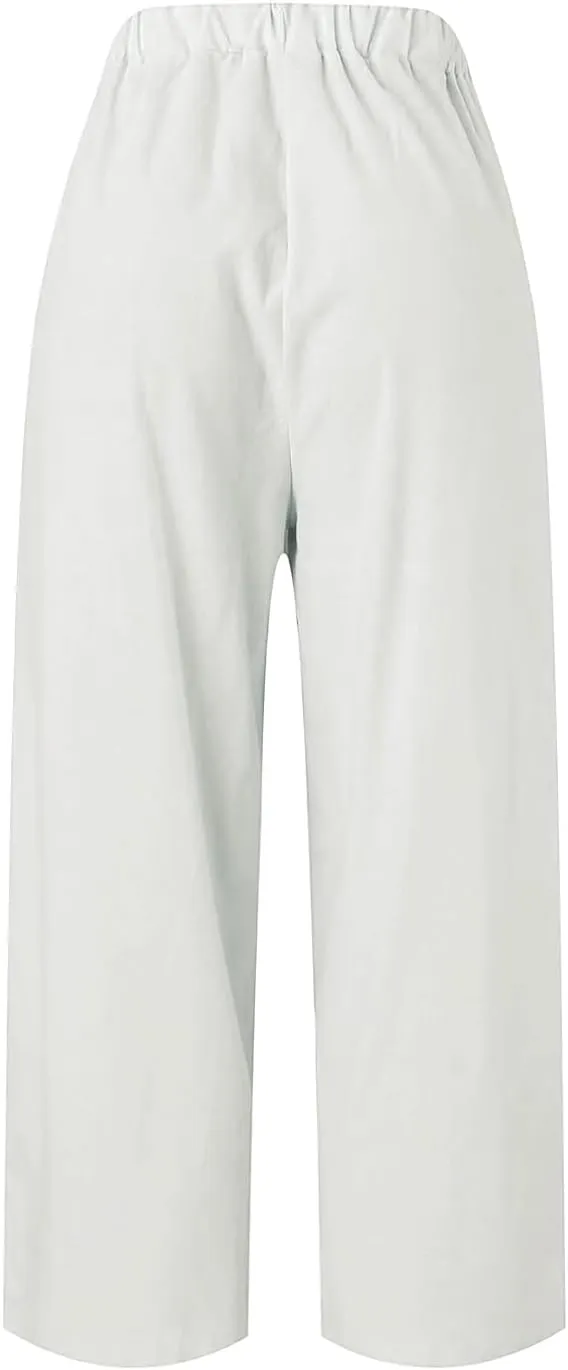 Linen Pants for Women Lightweight High Waist Straight Leg Cropped Pants Casual Summer Crop Pant Trousers with Pockets