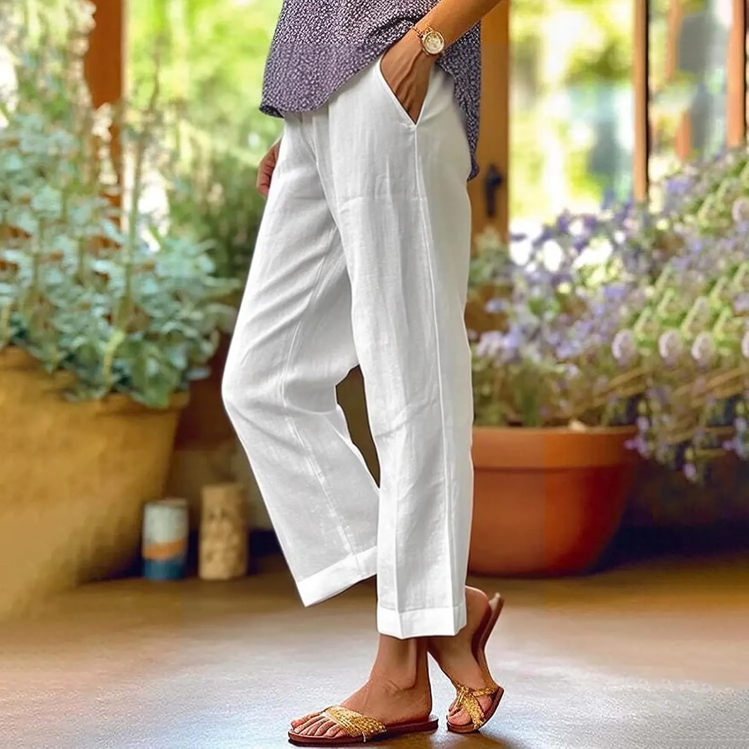 Linen Pants for Women Lightweight High Waist Straight Leg Cropped Pants Casual Summer Crop Pant Trousers with Pockets