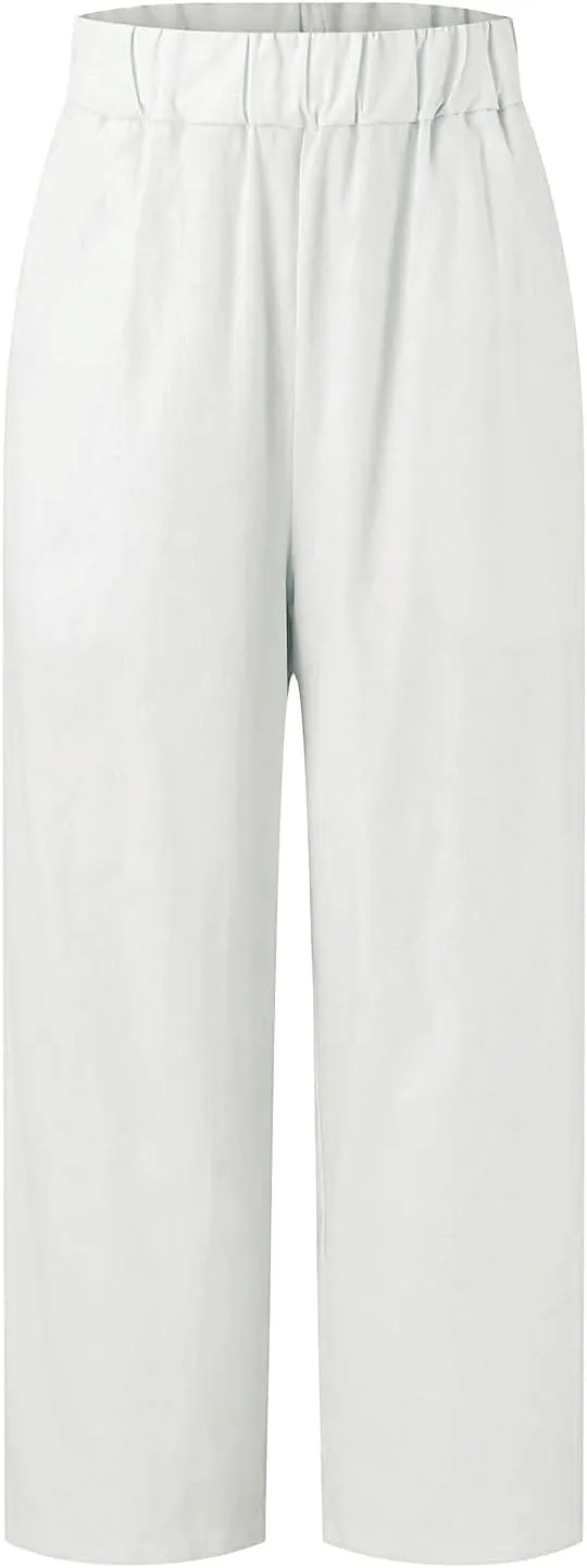 Linen Pants for Women Lightweight High Waist Straight Leg Cropped Pants Casual Summer Crop Pant Trousers with Pockets