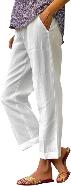 Linen Pants for Women Lightweight High Waist Straight Leg Cropped Pants Casual Summer Crop Pant Trousers with Pockets