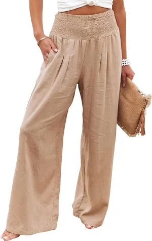Linen Pants for Women Wide Leg Elastic High Waisted Palazzo Pants Lounge Yoga Trousers Beach Pants with Pockets