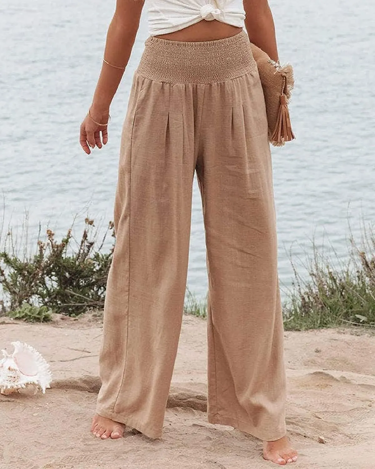 Linen Pants for Women Wide Leg Elastic High Waisted Palazzo Pants Lounge Yoga Trousers Beach Pants with Pockets