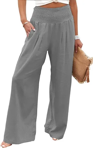 Linen Pants for Women Wide Leg Elastic High Waisted Palazzo Pants Lounge Yoga Trousers Beach Pants with Pockets