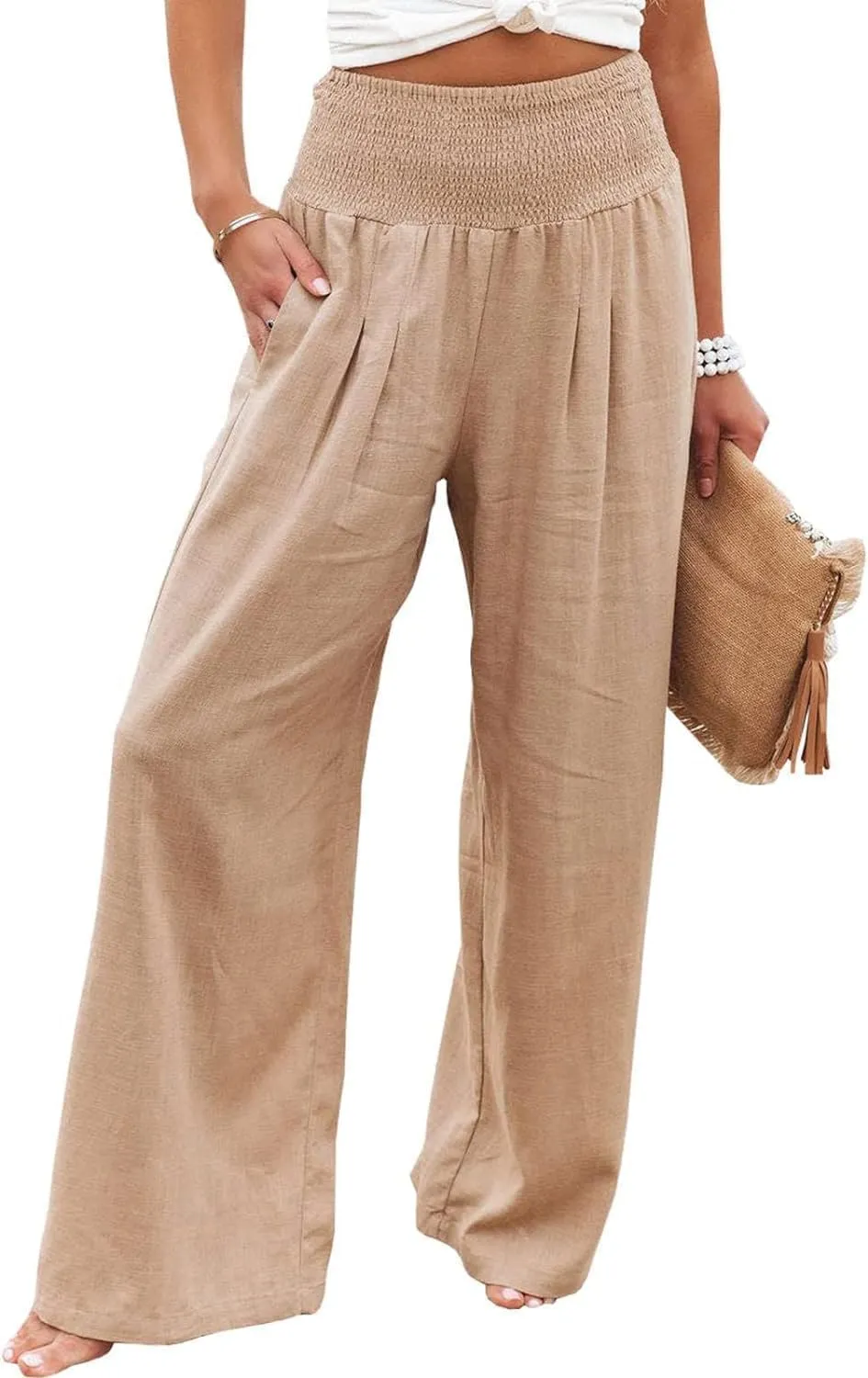 Linen Pants for Women Wide Leg Elastic High Waisted Palazzo Pants Lounge Yoga Trousers Beach Pants with Pockets