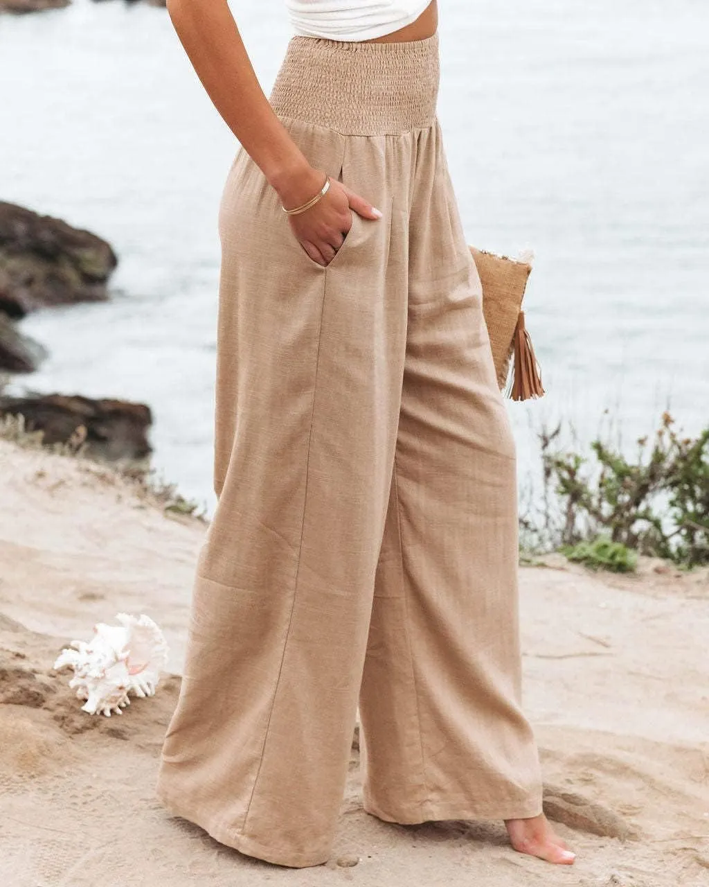 Linen Pants for Women Wide Leg Elastic High Waisted Palazzo Pants Lounge Yoga Trousers Beach Pants with Pockets