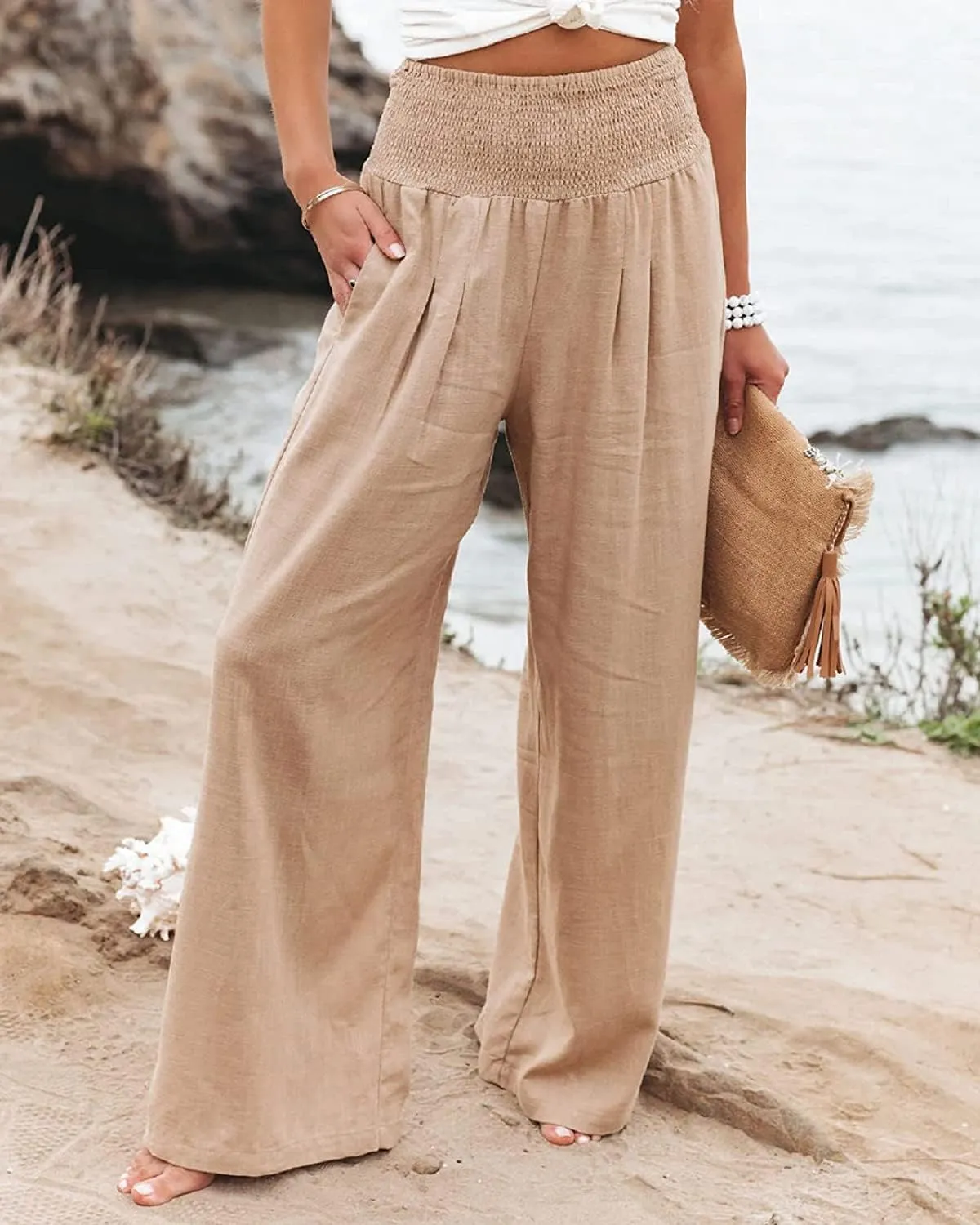 Linen Pants for Women Wide Leg Elastic High Waisted Palazzo Pants Lounge Yoga Trousers Beach Pants with Pockets