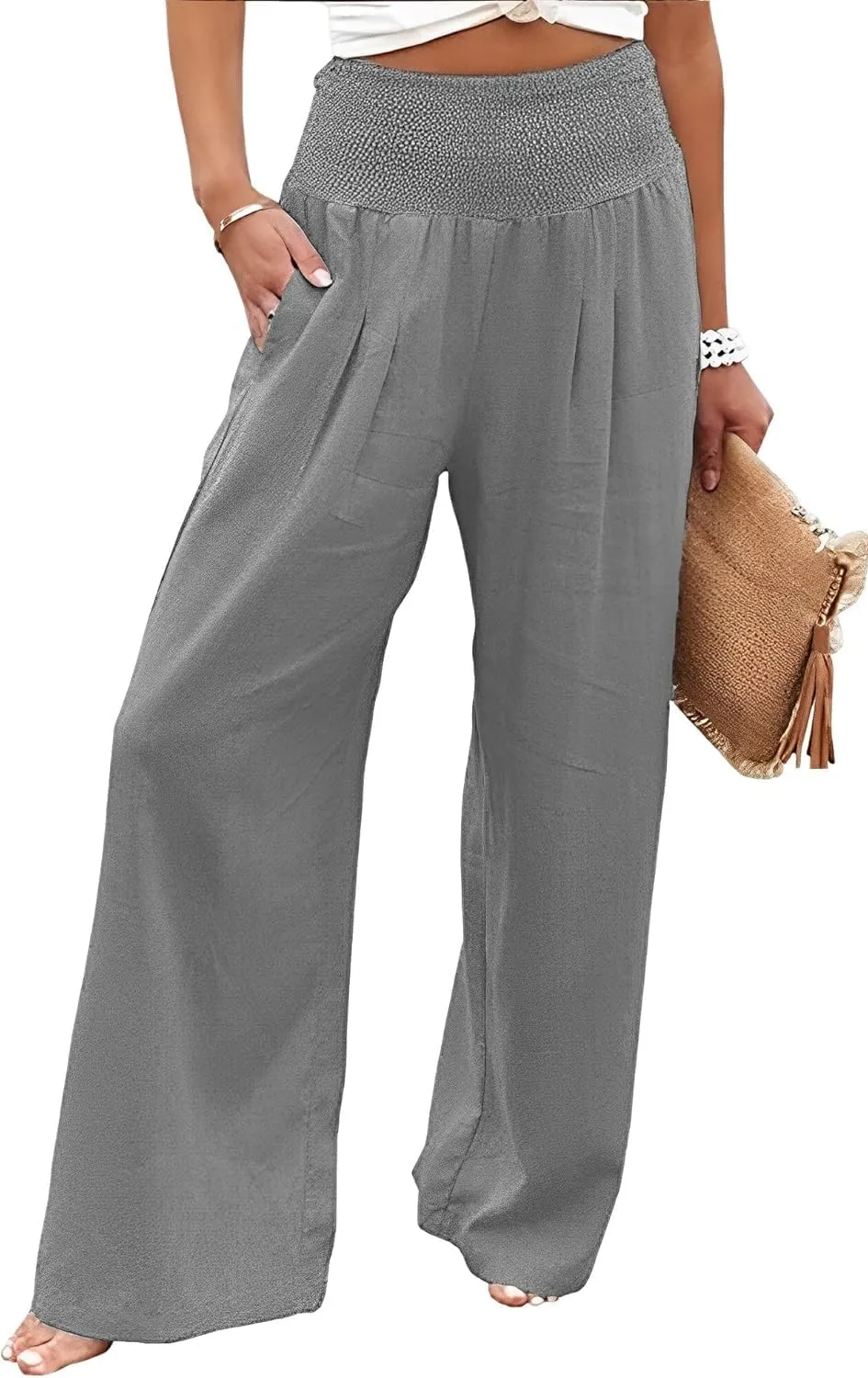 Linen Pants for Women Wide Leg Elastic High Waisted Palazzo Pants Lounge Yoga Trousers Beach Pants with Pockets
