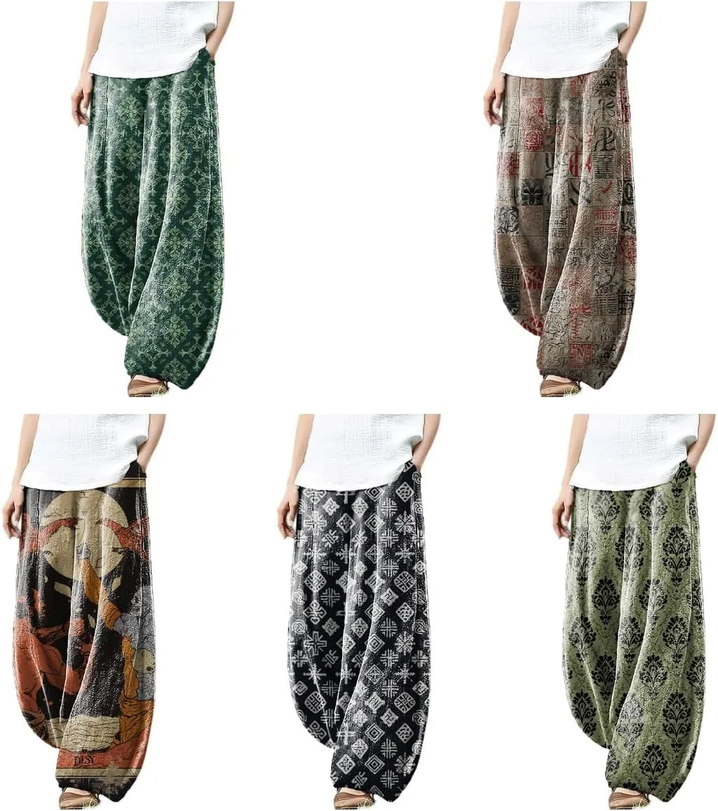 Linen Pants Women Baggy Pants Casual Loose with Pockets Trendy Pants Elastic Waist Relax Lantern Trouser