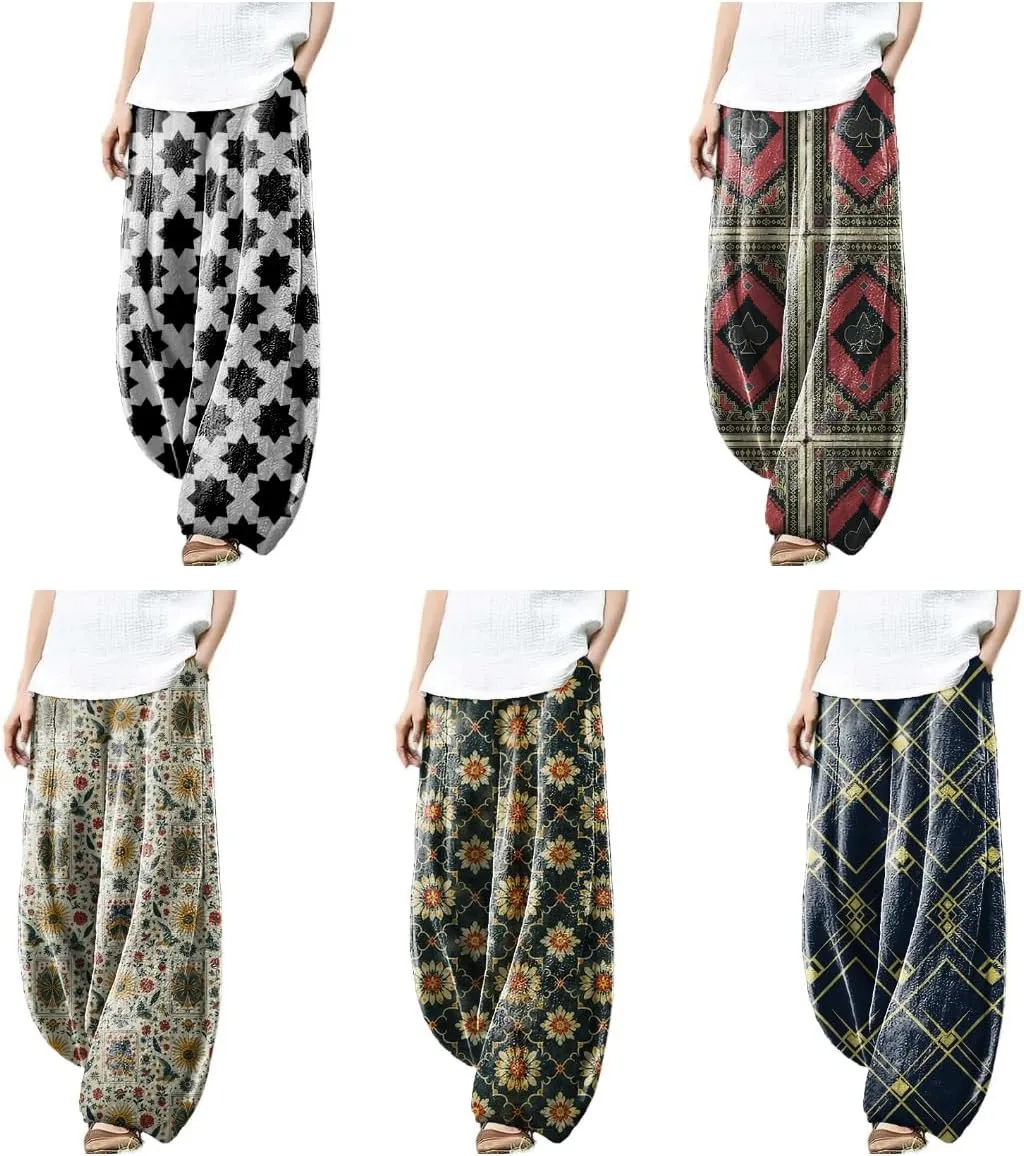 Linen Pants Women Baggy Pants Casual Loose with Pockets Trendy Pants Elastic Waist Relax Lantern Trouser