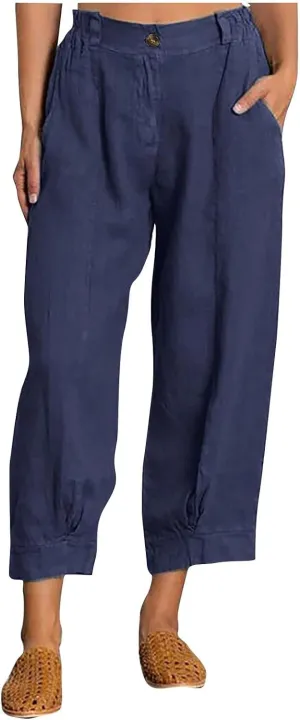 Linen Pants Women Plus Size Short Women's Casual Cotton Linen Baggy Pants with Elastic Waist Relax Fit Lantern Trouser