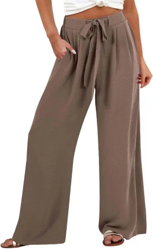 Linen Pants Women Wide Leg High Waist Casual Loose Pants Summer Beach Palazzo Flowly Drawstring Trousers with Pockets