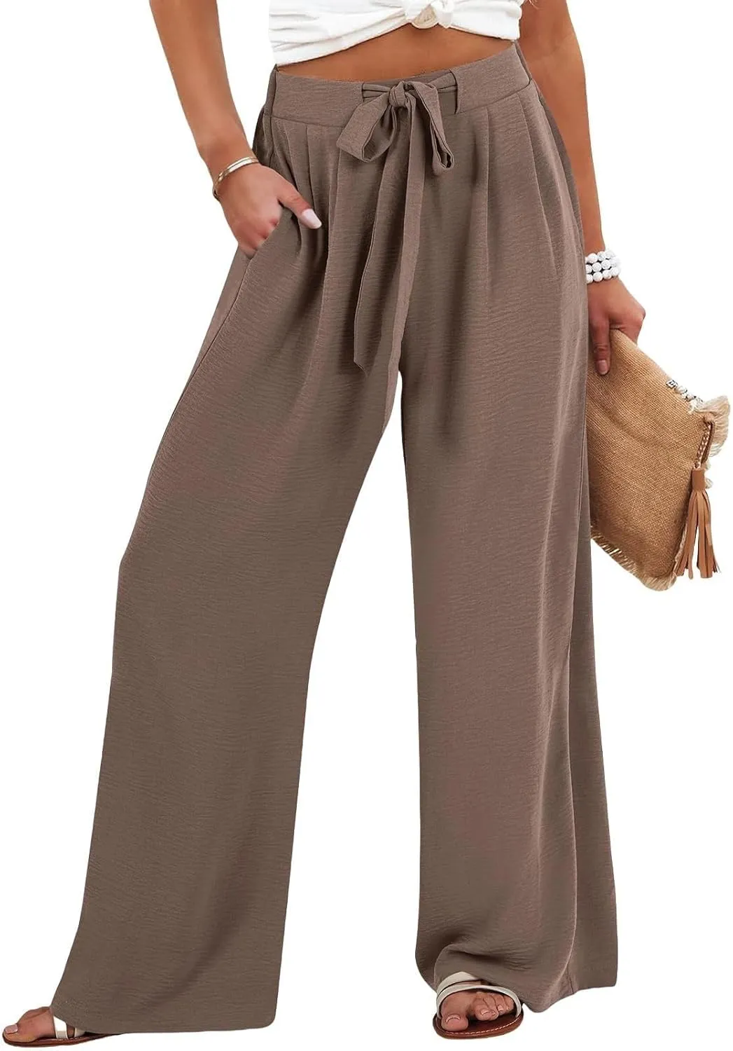 Linen Pants Women Wide Leg High Waist Casual Loose Pants Summer Beach Palazzo Flowly Drawstring Trousers with Pockets