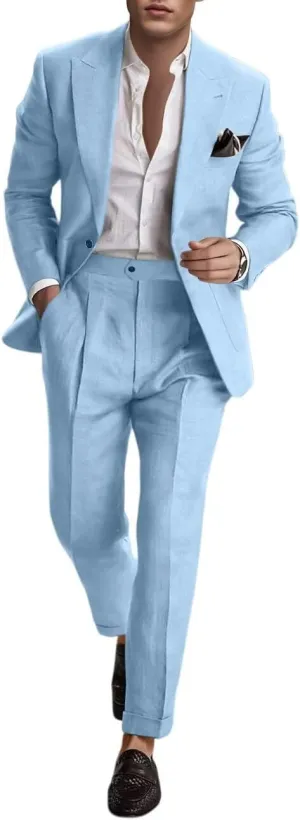 Linen Suit for Men 2 Pieces Summer Casual Suits Slim Fit Groomsmen Tuxedos Beach Wedding Party Blazer Pants Set