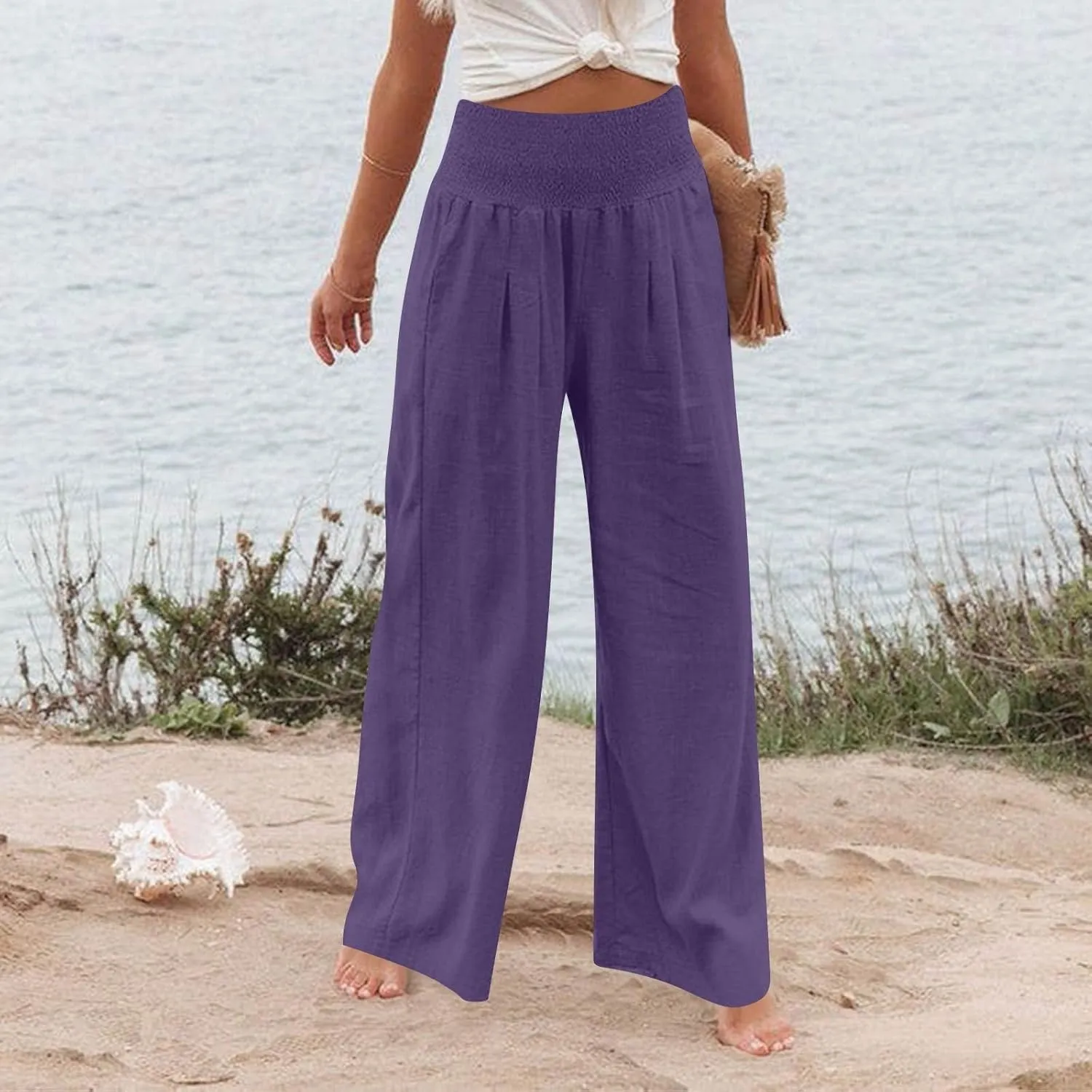 Linen Wide Leg Pants for Women Summer Palazzo Pants Smocked High Waisted Pant Casual Trouser with Pockets