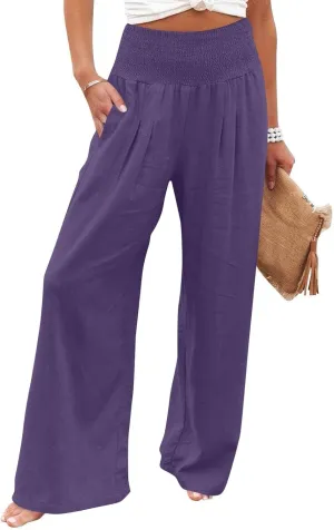Linen Wide Leg Pants for Women Summer Palazzo Pants Smocked High Waisted Pant Casual Trouser with Pockets