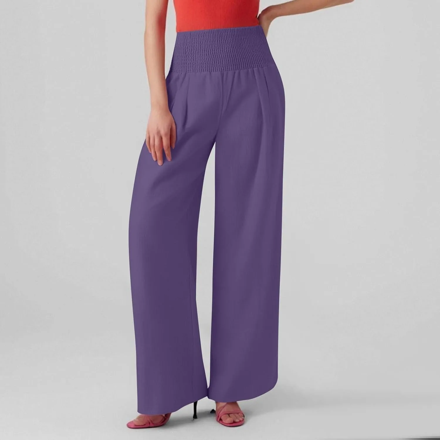 Linen Wide Leg Pants for Women Summer Palazzo Pants Smocked High Waisted Pant Casual Trouser with Pockets