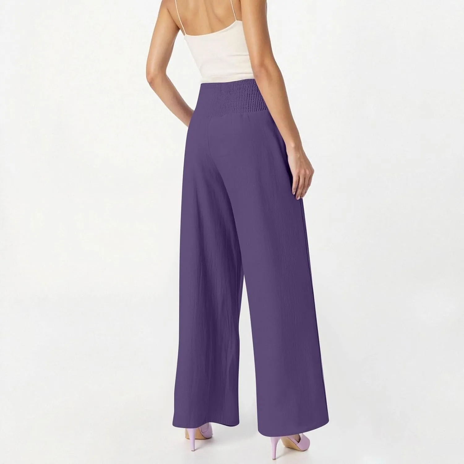 Linen Wide Leg Pants for Women Summer Palazzo Pants Smocked High Waisted Pant Casual Trouser with Pockets