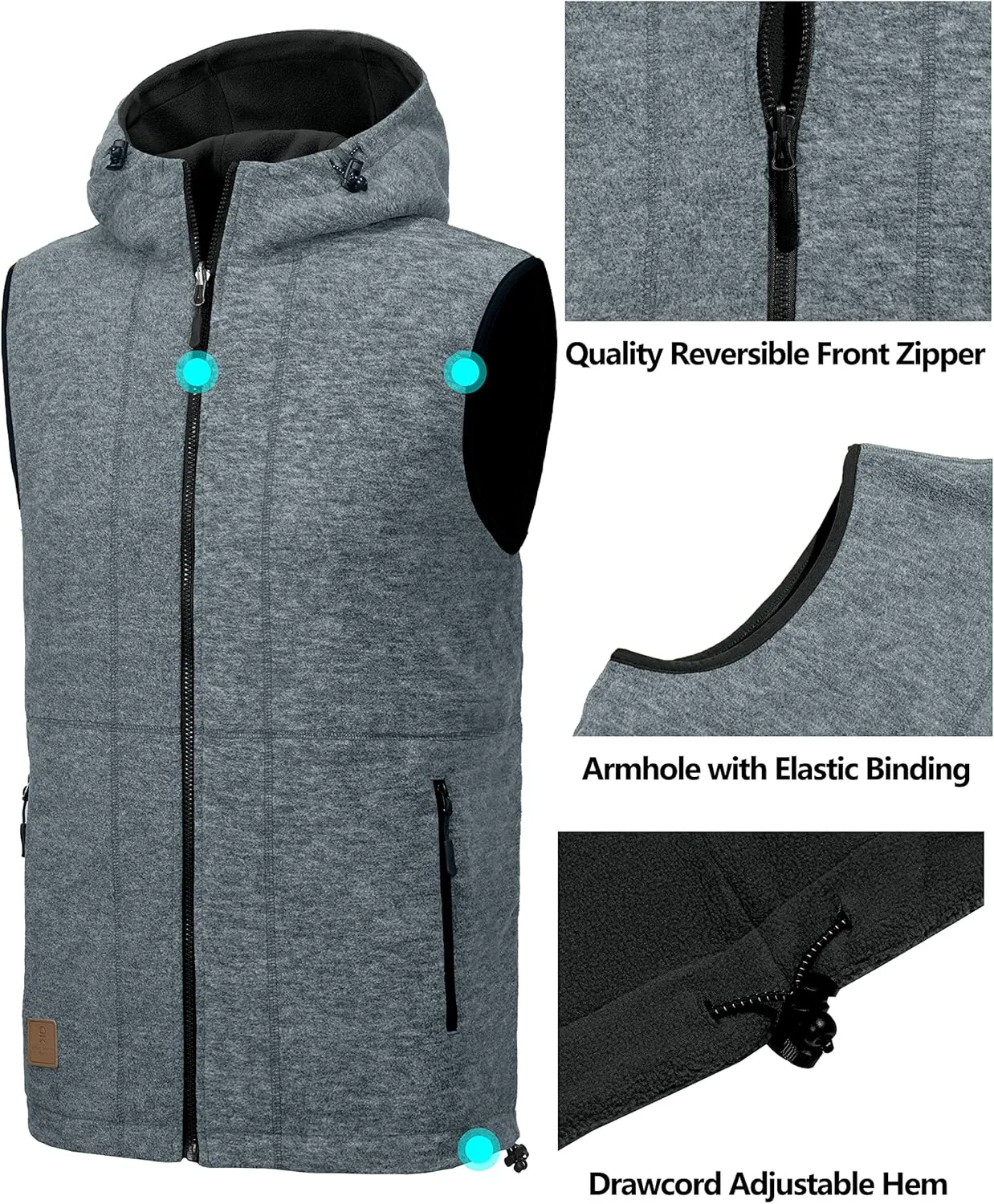 Little Donkey Andy Men's Reversible Fleece Vest Lightweight Warm Sleeveless Jacket with Hood for Hiking Walking Travel