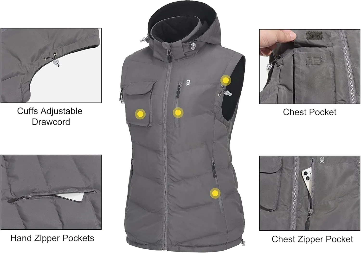 Little Donkey Andy Women's Fleece Puffy Vest Warm Sleeveless Puffer Jacket with Removable Hood for Golfing Hiking