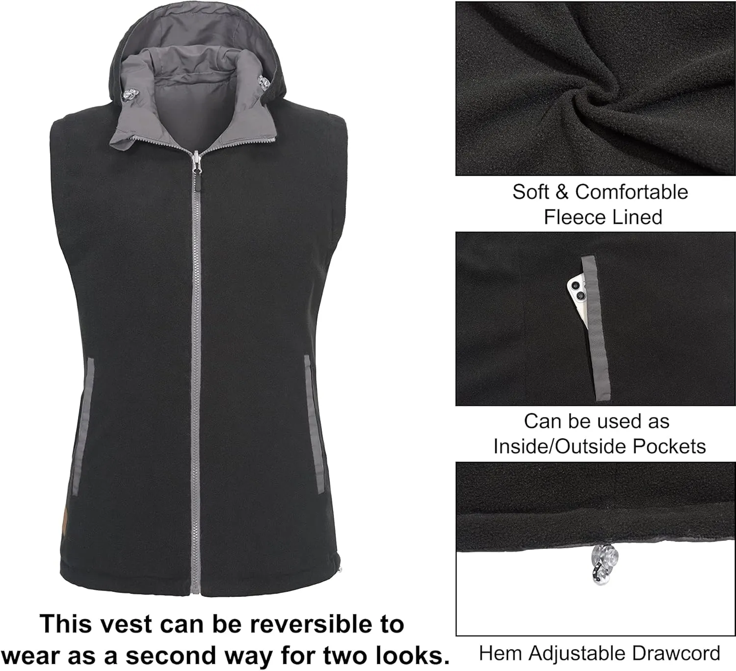 Little Donkey Andy Women's Fleece Puffy Vest Warm Sleeveless Puffer Jacket with Removable Hood for Golfing Hiking
