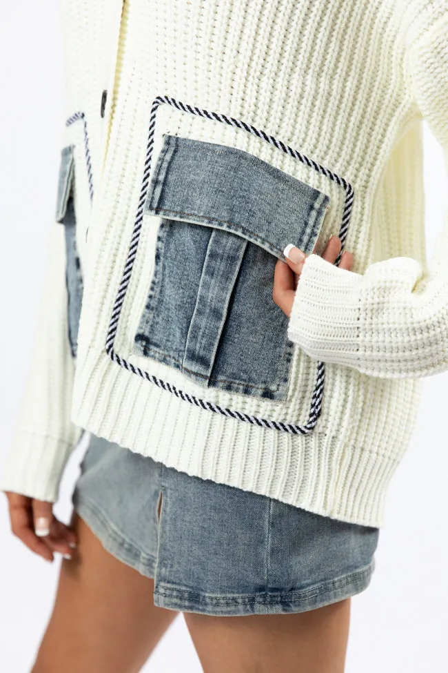 Living For Today Ivory Denim Pocket Cardigan FINAL SALE