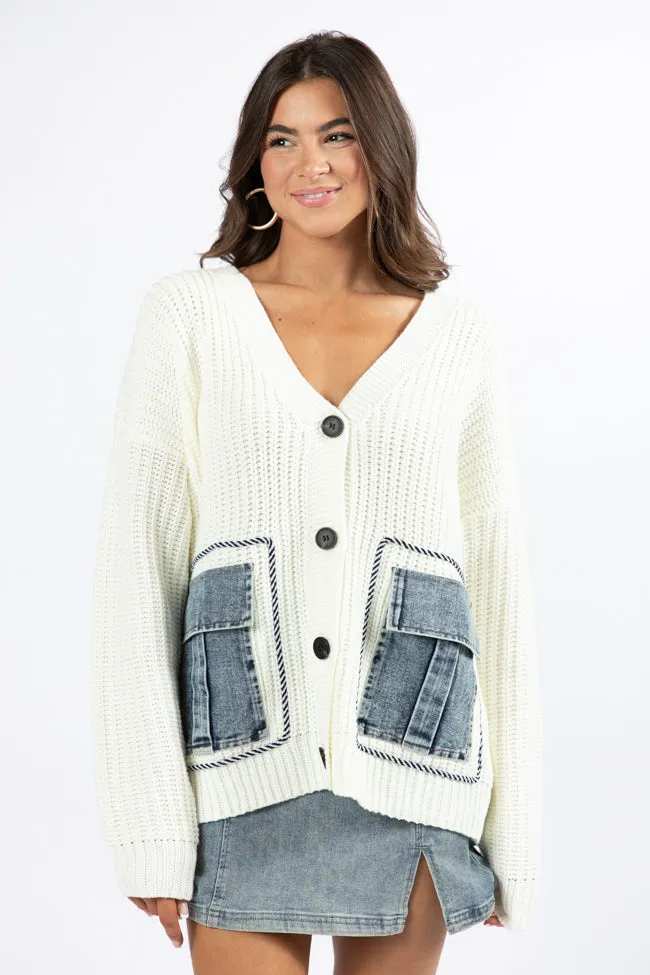 Living For Today Ivory Denim Pocket Cardigan FINAL SALE