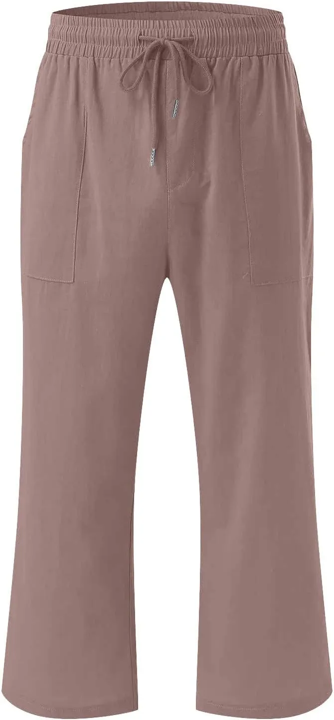 Lmdudan Linen Capri Pants for Women Summer Casual 2025 Womens Capris with Pockets High Waisted Drawstring Cropped Trousers