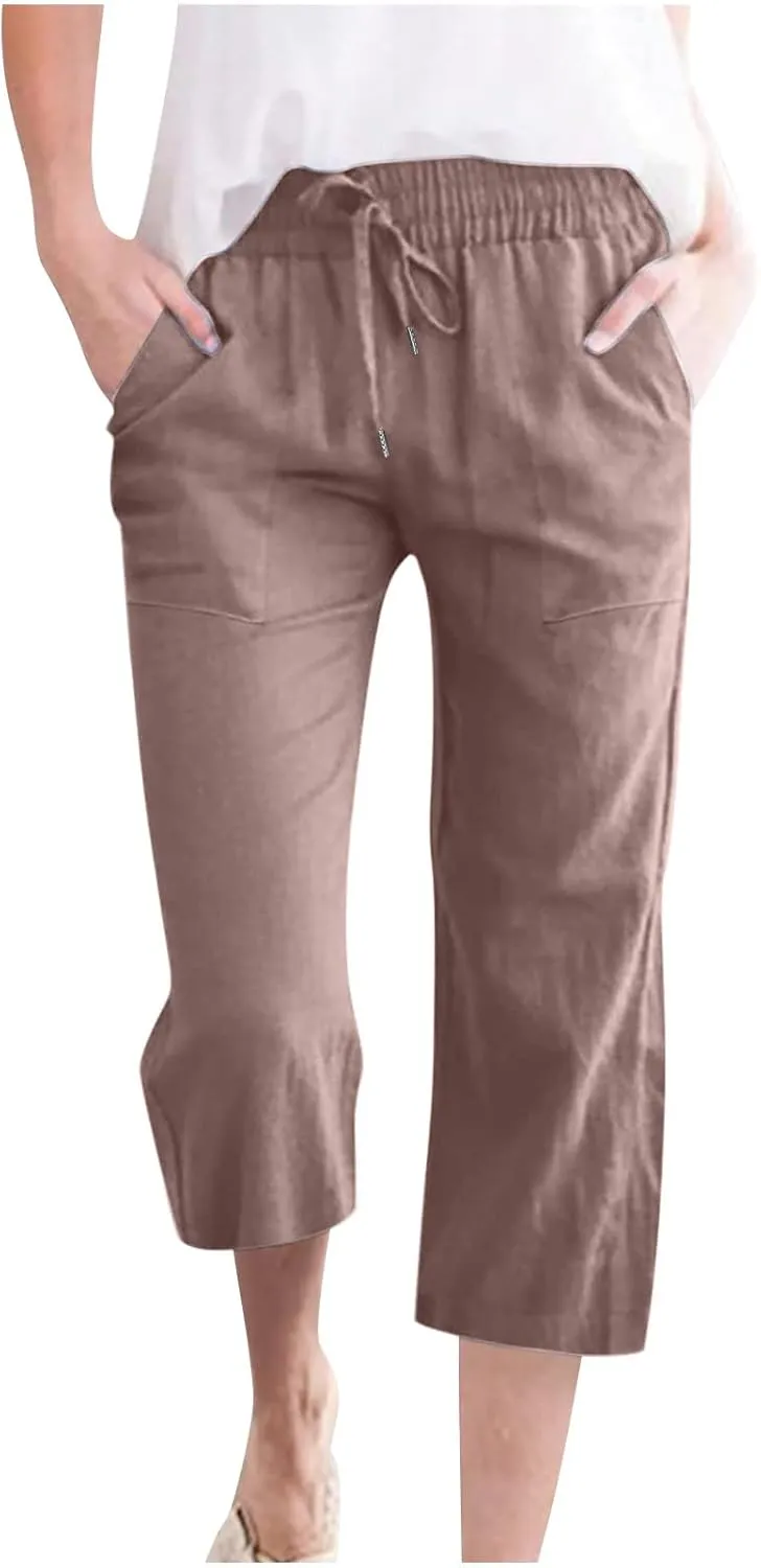 Lmdudan Linen Capri Pants for Women Summer Casual 2025 Womens Capris with Pockets High Waisted Drawstring Cropped Trousers