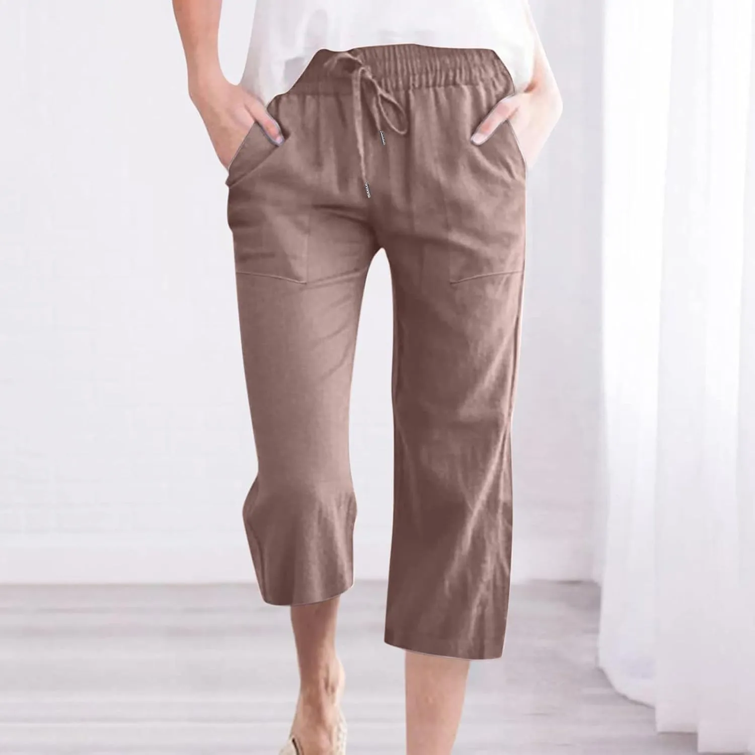 Lmdudan Linen Capri Pants for Women Summer Casual 2025 Womens Capris with Pockets High Waisted Drawstring Cropped Trousers