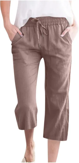 Lmdudan Linen Capri Pants for Women Summer Casual 2025 Womens Capris with Pockets High Waisted Drawstring Cropped Trousers