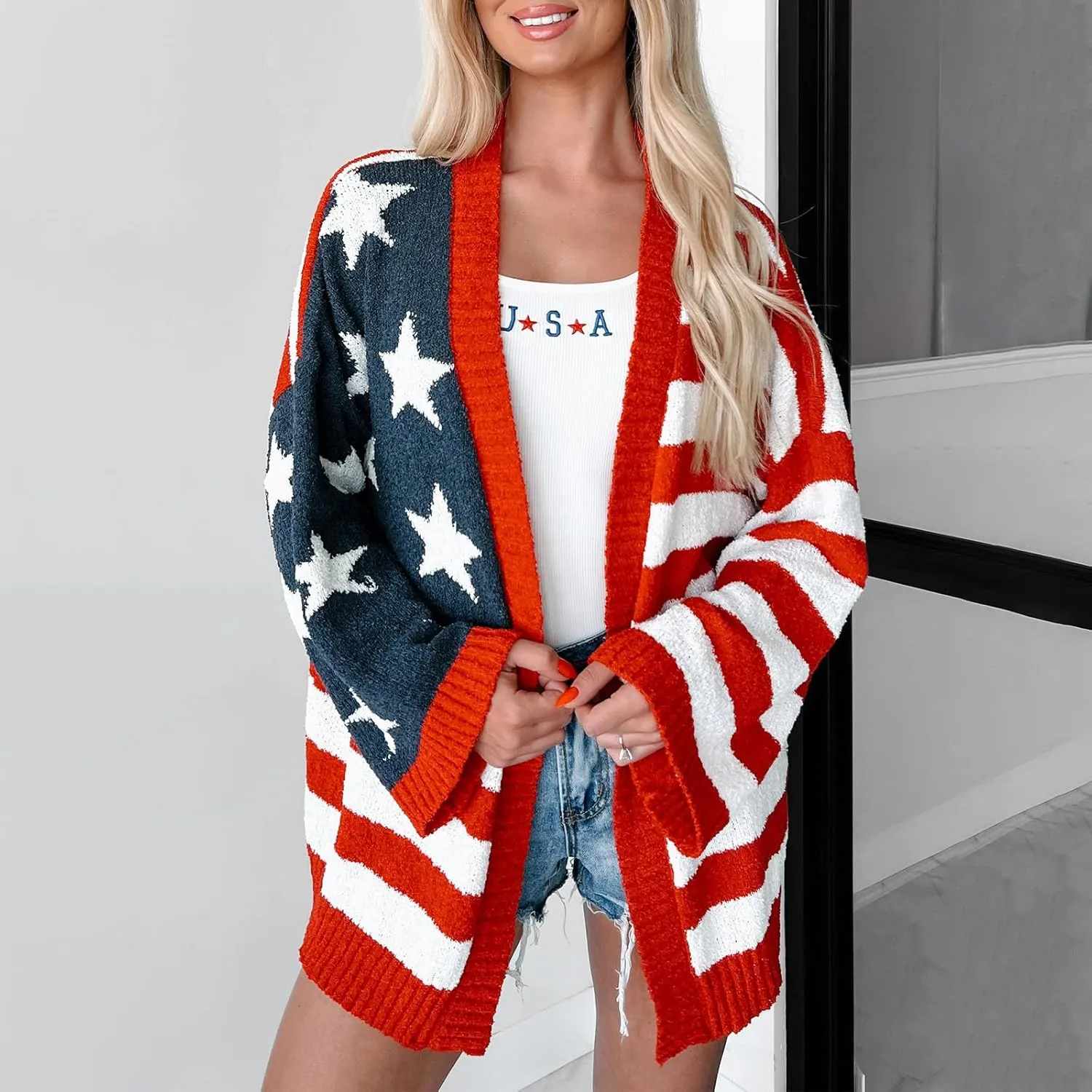 Luckinbaby Women American Flag Cardigan Long Sleeve Open Front Patriotic Sweater Oversized Knitwear Independence Day