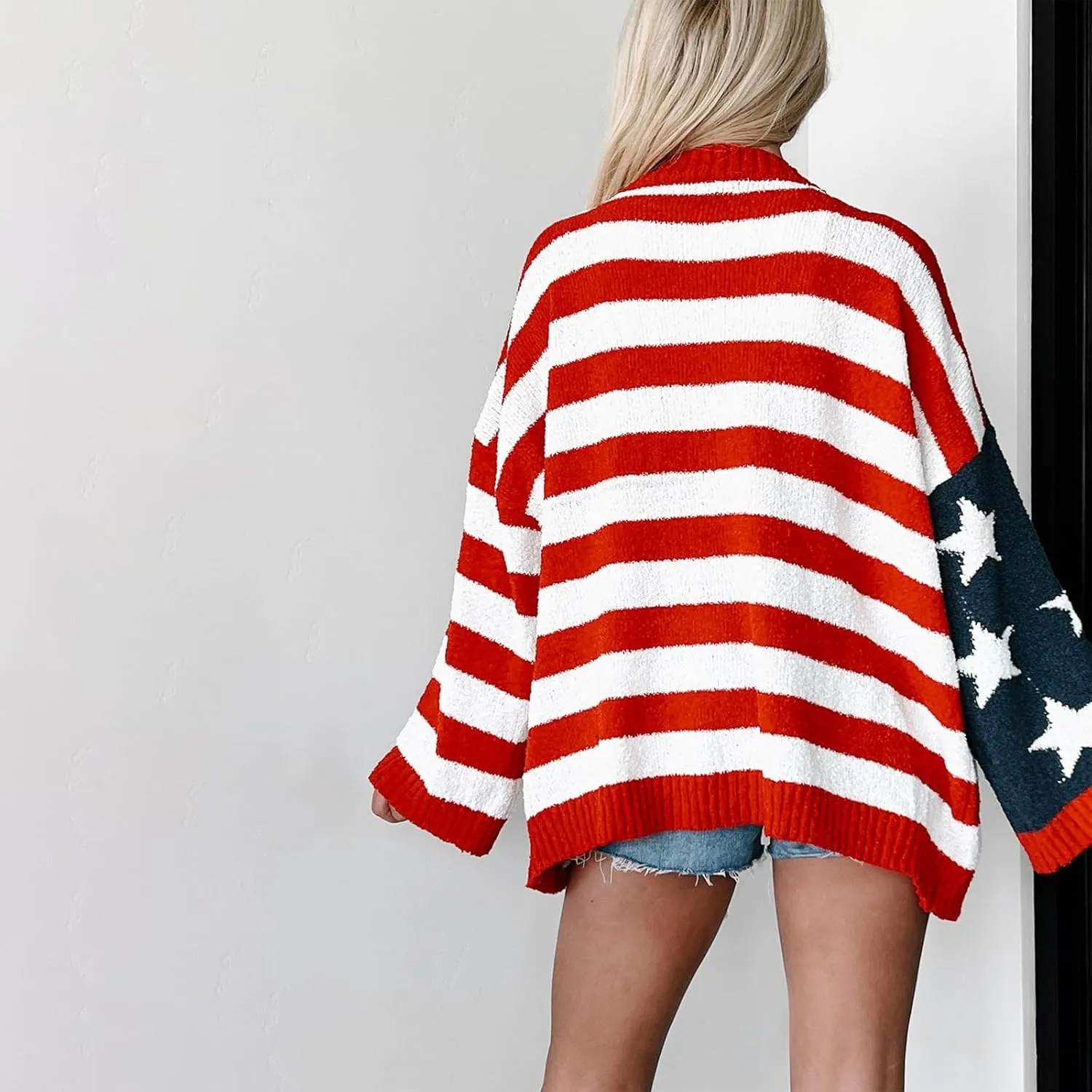 Luckinbaby Women American Flag Cardigan Long Sleeve Open Front Patriotic Sweater Oversized Knitwear Independence Day